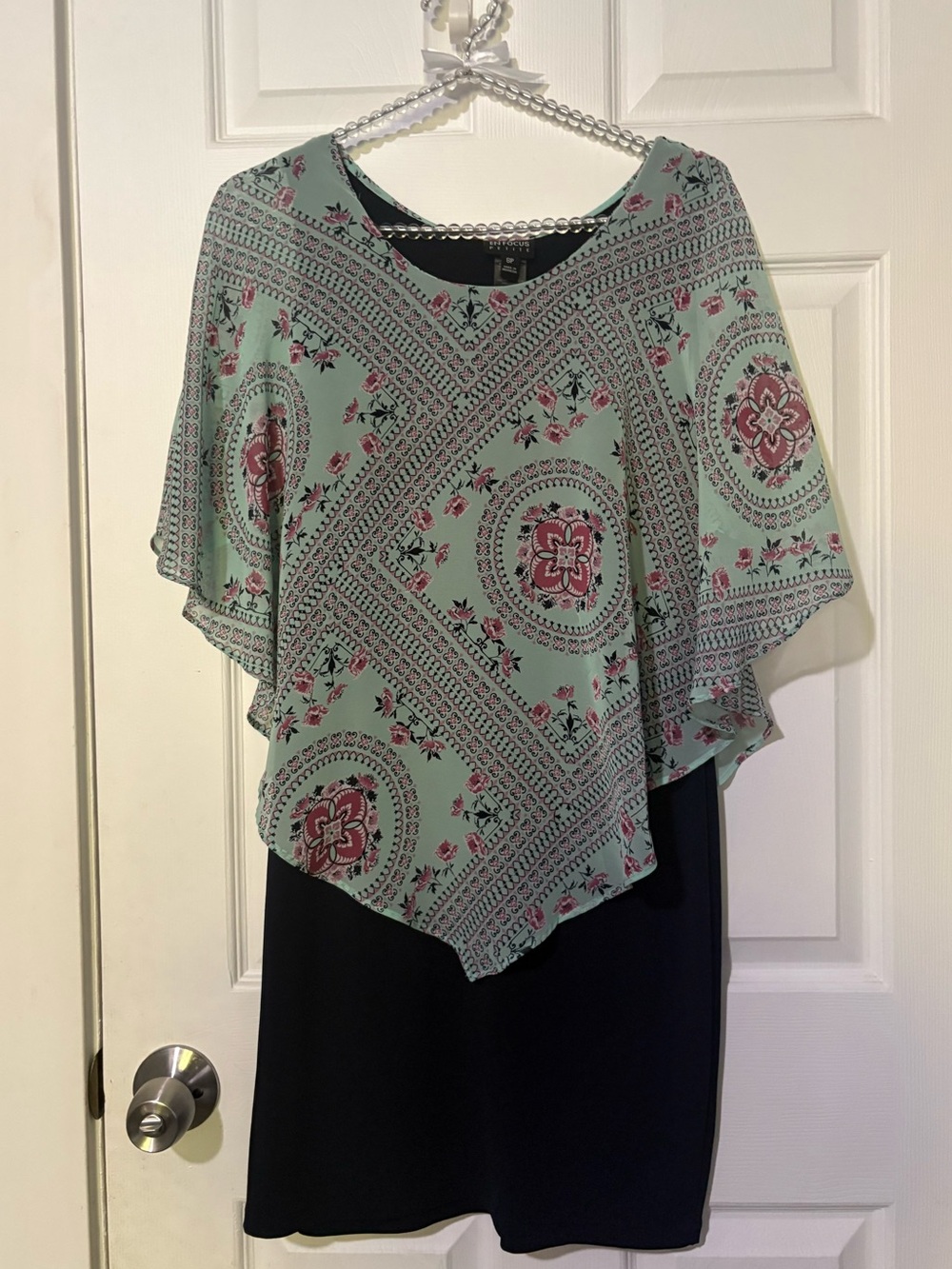 Enfocus Studio Mint Green Floral Overlay Dress with Dark Blue Lining